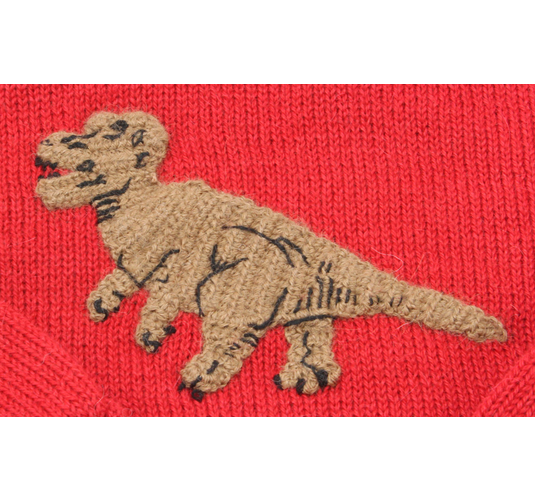 Close Up Image of Knitted Dinosaur on 100% Alpaca Sweater